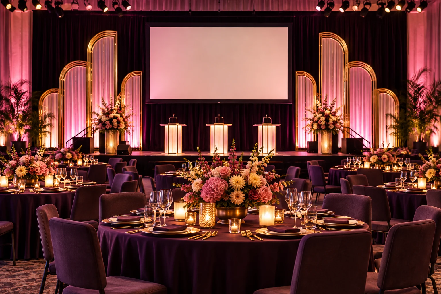 A gala room with a presentation area and styled dinner tables