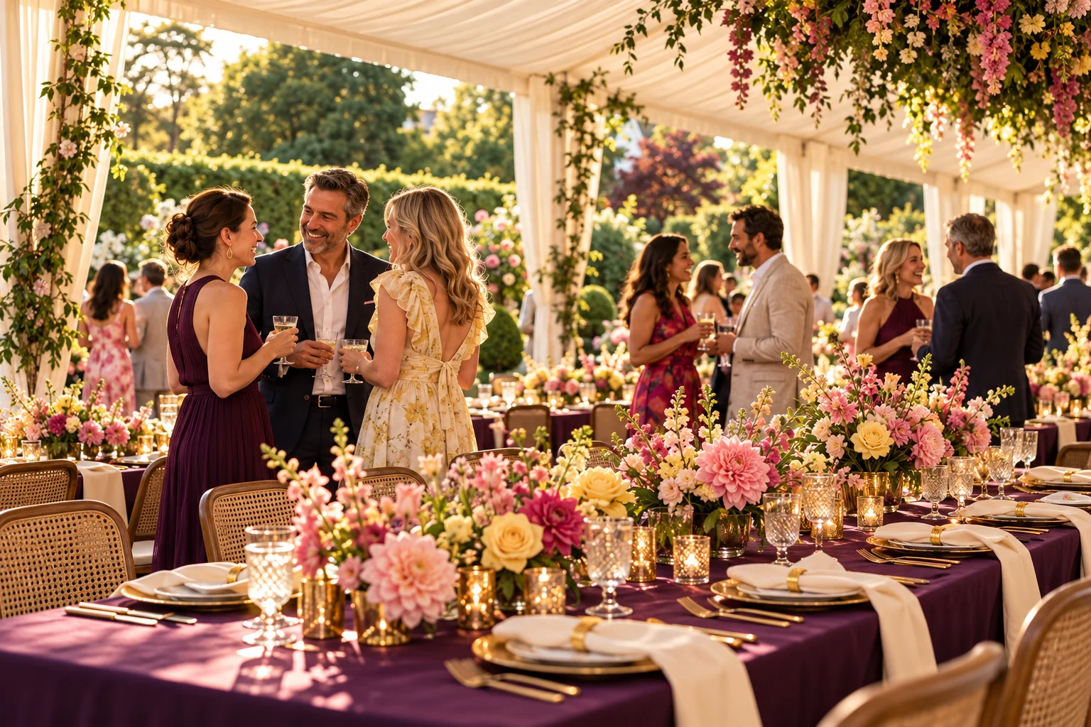 A garden celebration with floral tables and adult guests
