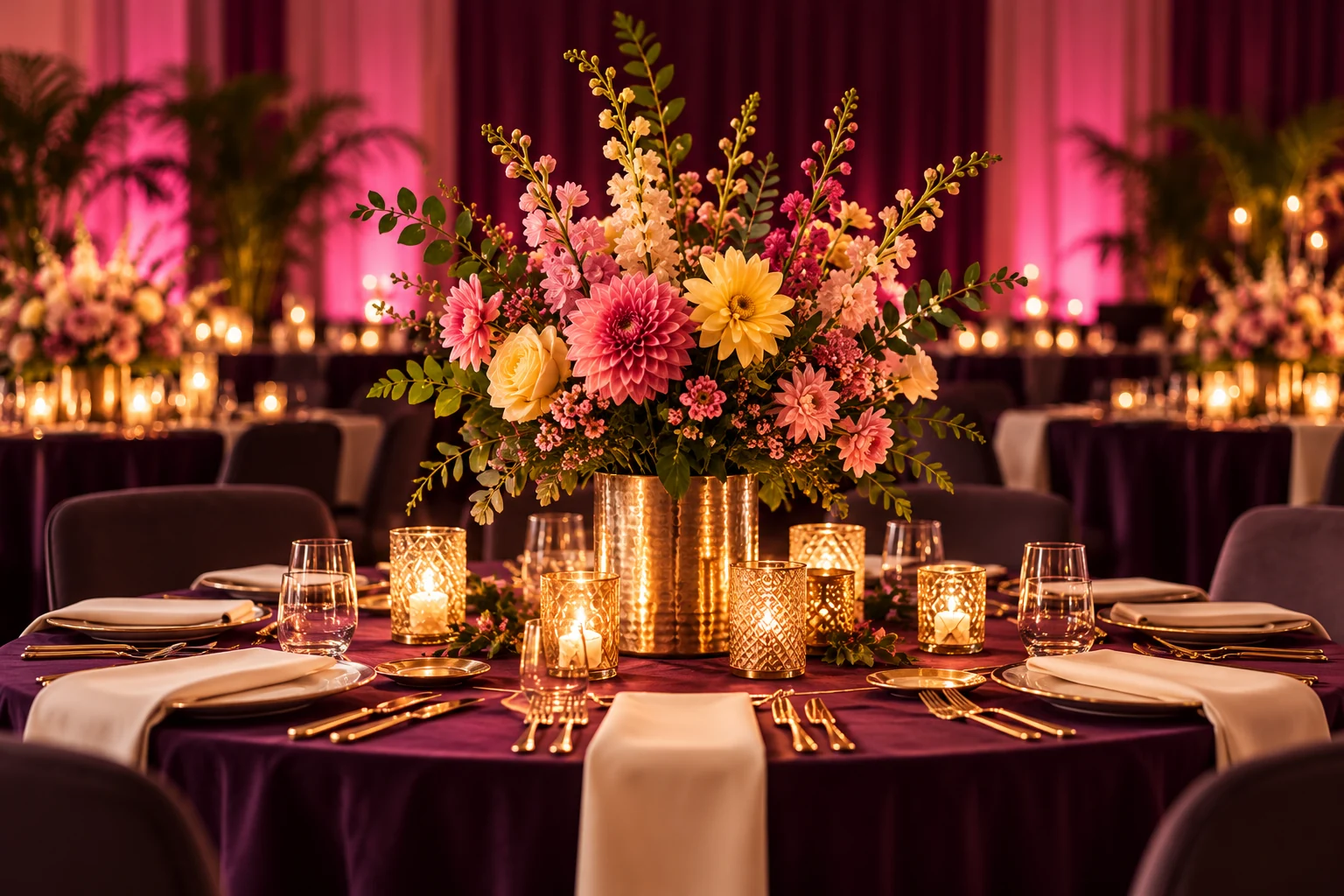 Floral centrepieces and colourful table styling